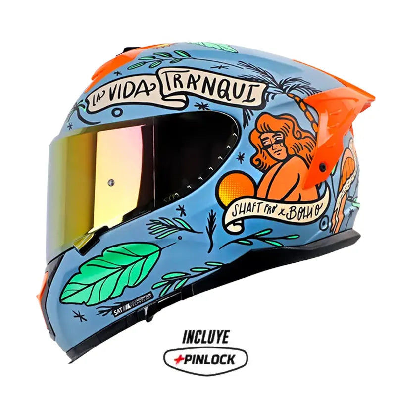 Casco Shaft Pro 610Dv Evo La Buena Vida Azul Claro Verde Visor Iridium Rojo