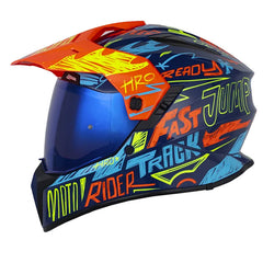 Casco Hro Mx-340 Stripe Azul Oscuro Naranja Neon Visor Iridium Azul