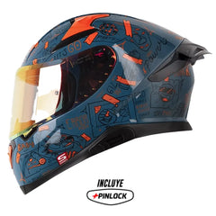 Casco Shaft Pro 612Dv Things Azul Naranja Visor Revo Rojo