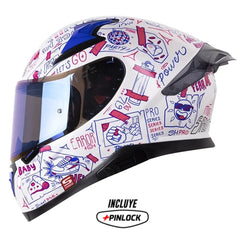 Casco Shaft Pro 612Dv Things Blanco Fucsia Visor Iridium Azul