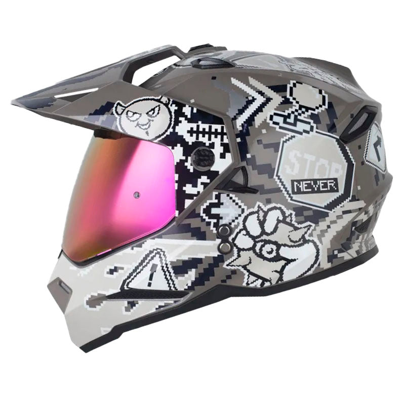 Casco Hro Mx-330Dv Pixel On Arena Gris Visor Iridium Rojo