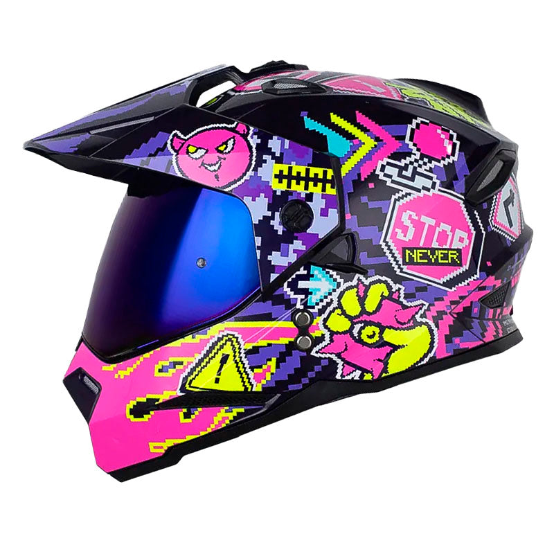 Casco Hro Mx-330Dv Pixel On Azul Fucsia Visor Iridium Azul