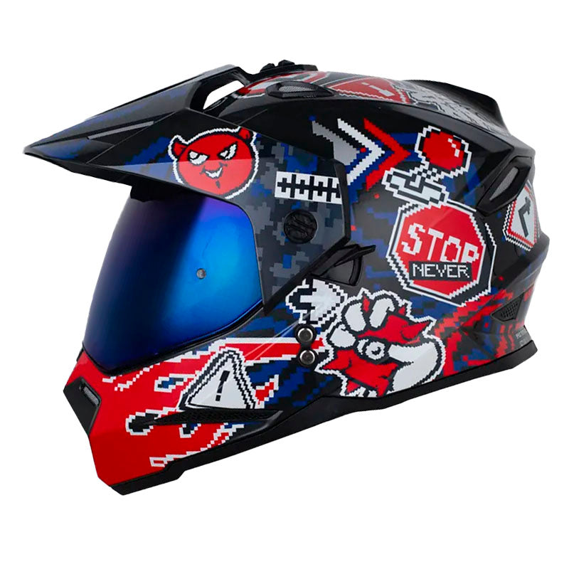 Casco Hro Mx-330Dv Pixel On Azul Rojo Visor Iridium Azul