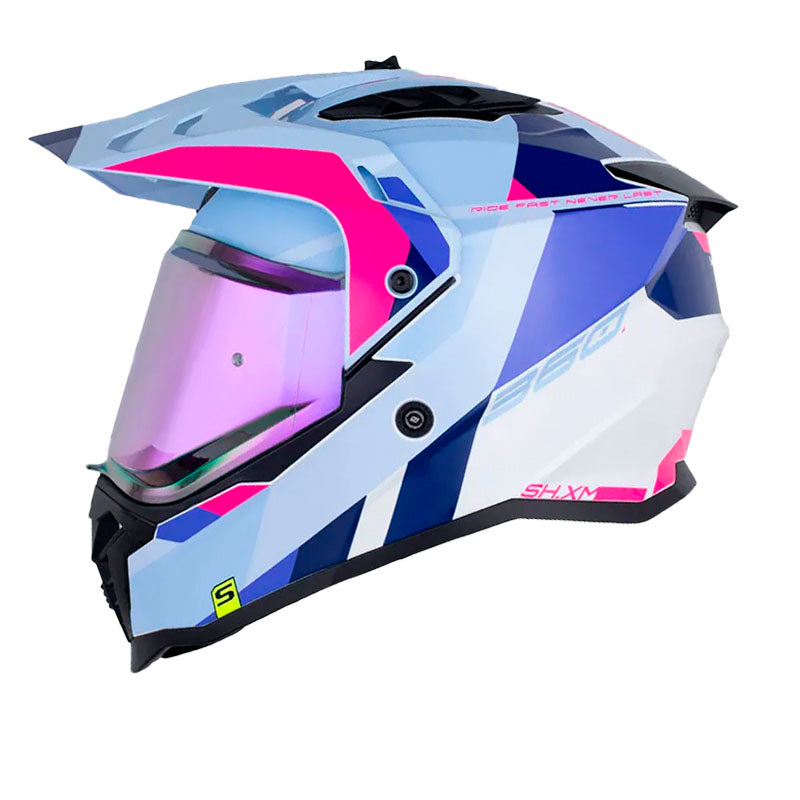 Casco Shaft Mx360 Kosh Azul Claro Fucsia Visor Revo Morado