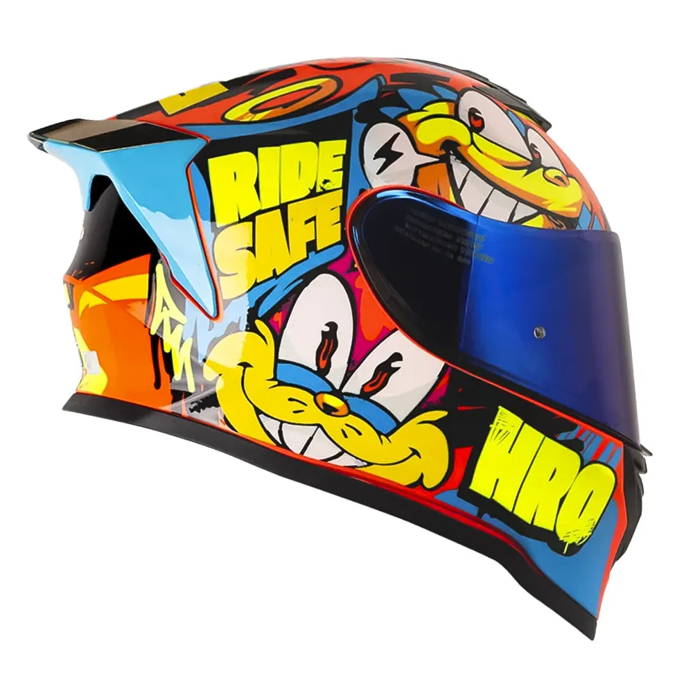 Casco Hro 506Sp Funky Naranja Neón Amarillo Visor Iridium Azul