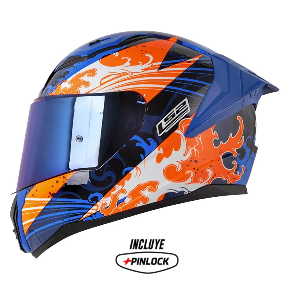 Casco Ls2 FF353 Kame Azul Oscuro Naranja Neon Visor Iridium Azul