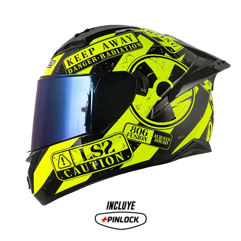 Casco Ls2 Ff806 Fusion Caution Amarillo Neón Negro Visor Iridium Azul