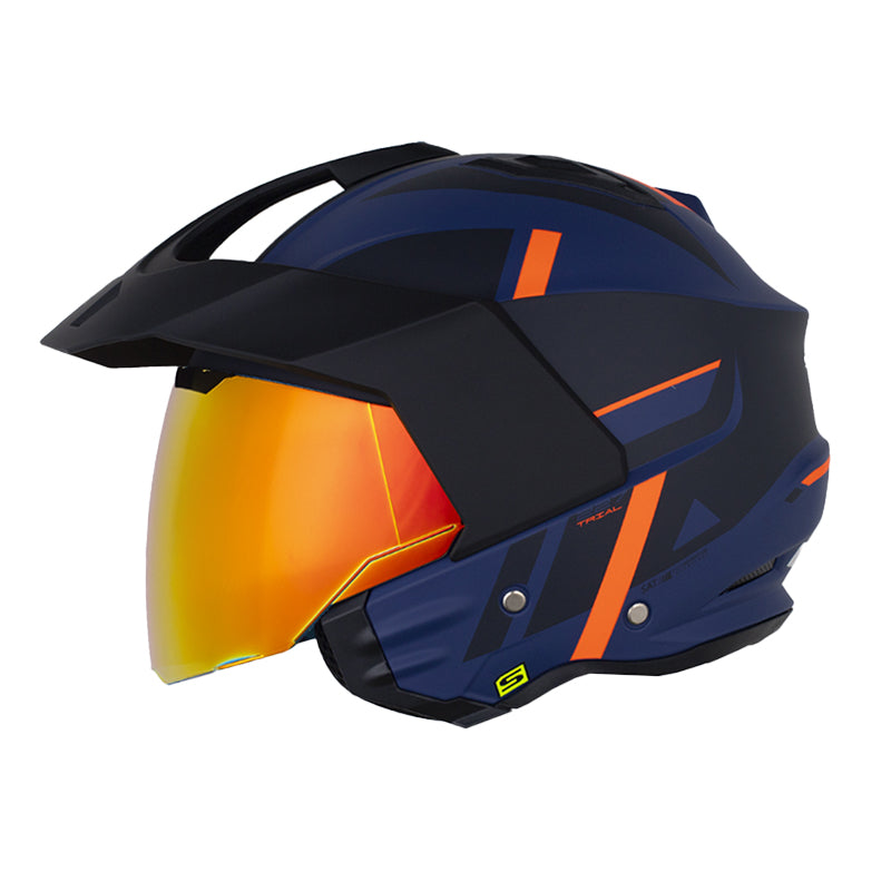 Casco Shaft 227 Trial Straiker Azul Oscuro Naranja Visor Revo Rojo