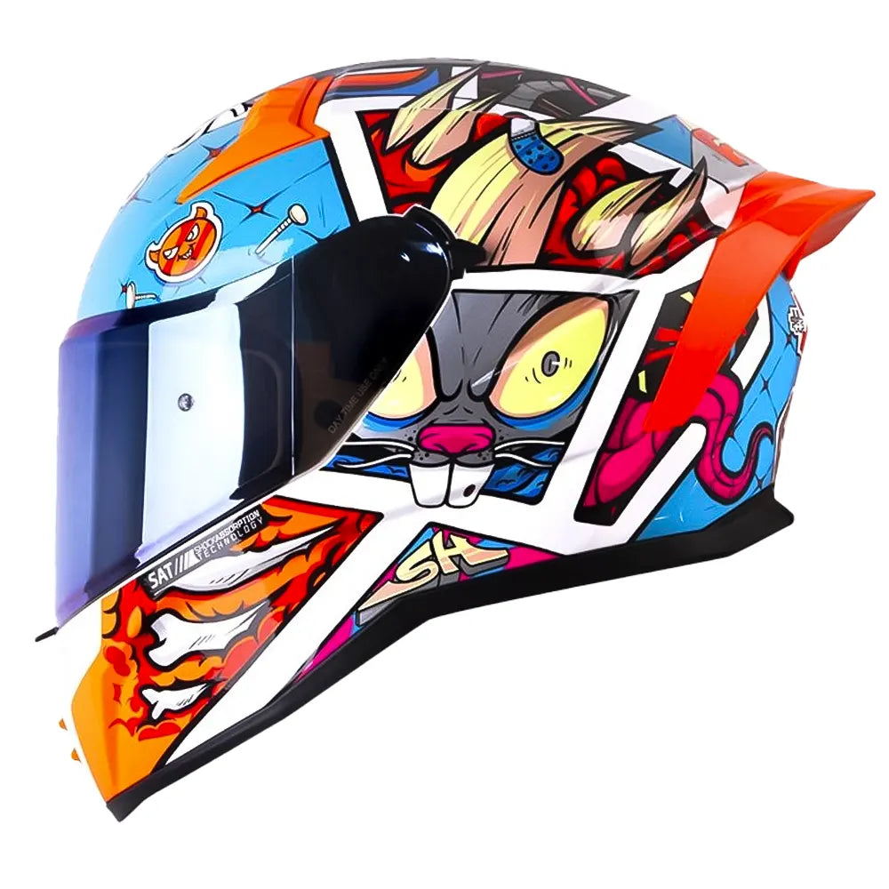 Casco Shaft 504 Dv Crazy Comic Azul Naranja Neón Visor Iridium Azul