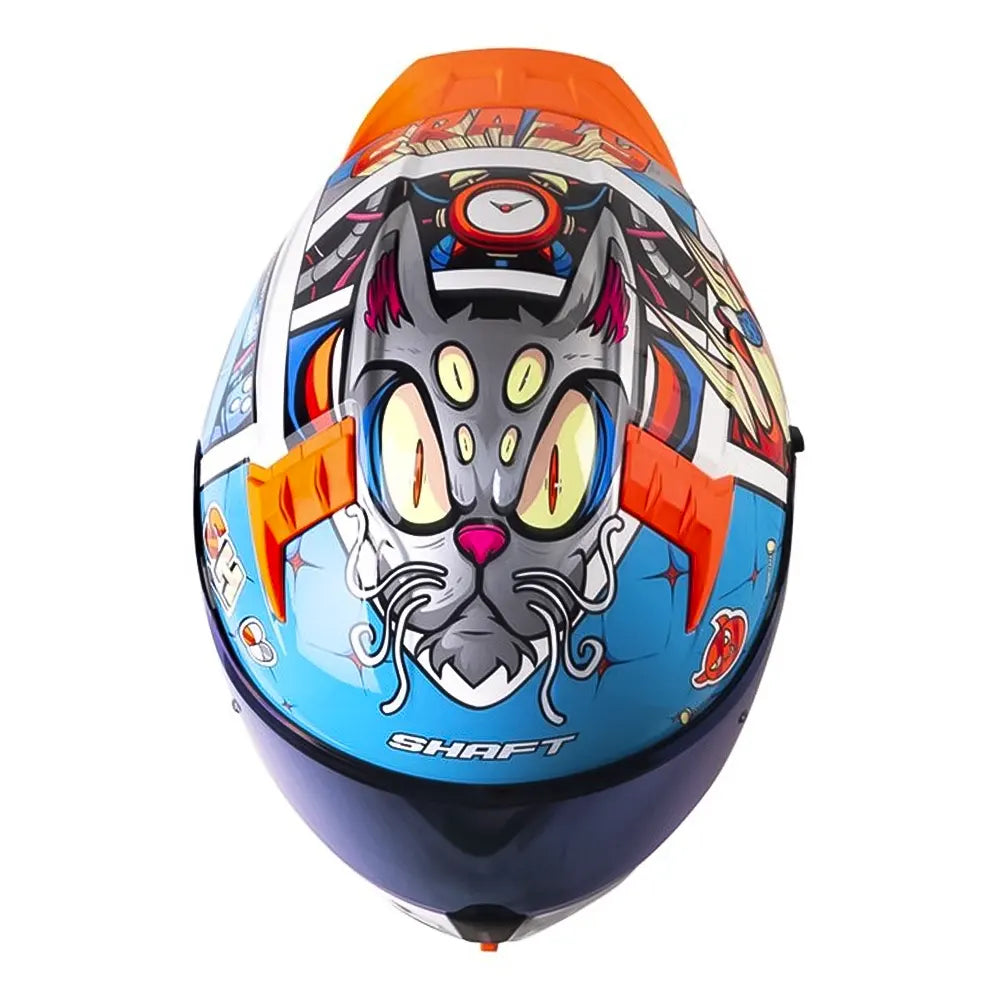 Casco Shaft 504 Dv Crazy Comic Azul Naranja Neón Visor Iridium Azul