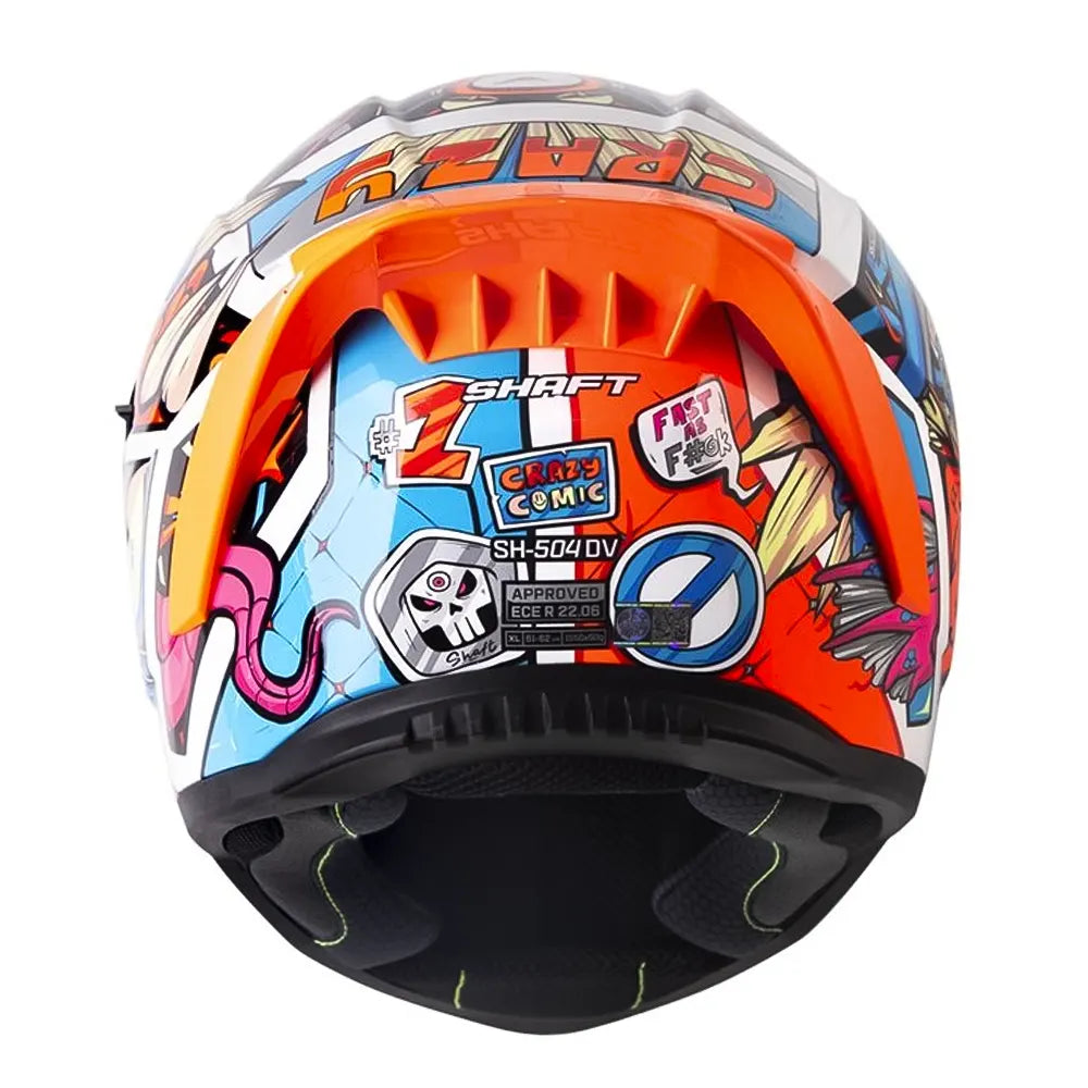 Casco Shaft 504 Dv Crazy Comic Azul Naranja Neón Visor Iridium Azul