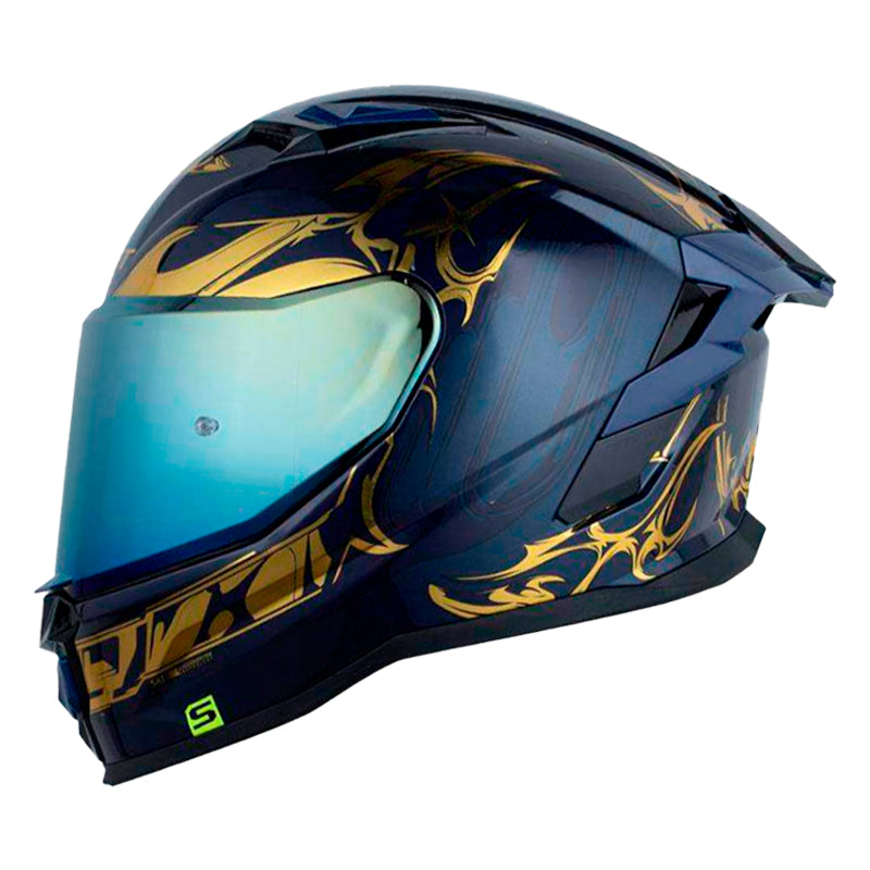 Casco Shaft 556 Taipan Dark Azul Metalico Holografico Dorado Visor Iridium Dorado