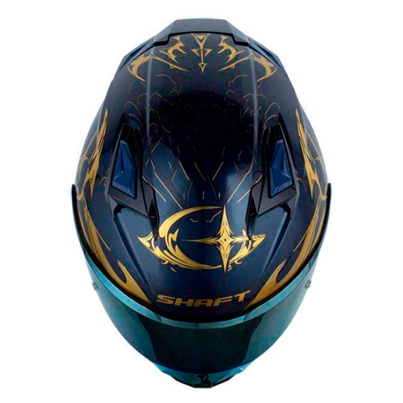 Casco Shaft 556 Taipan Dark Azul Metalico Holografico Dorado Visor Iridium Dorado